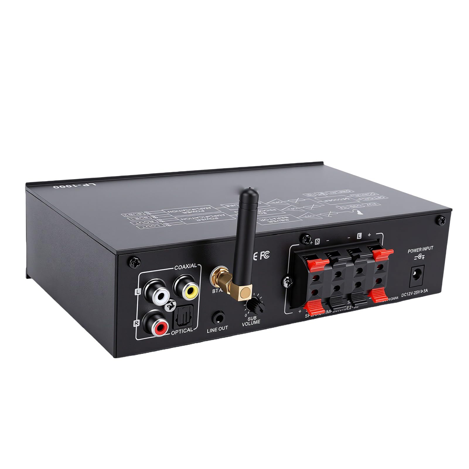 Luocute 2,1 Kanal Bluetooth Verstärker, Receiver mit Optischem und Koaxialem Eingang for Heimkino und HiFi (EU-Stecker) | Unterstützt TV, PC und DVD, 50W+50W+100W, Alu, USB/SD, 2 Mikrofonanschlüsse