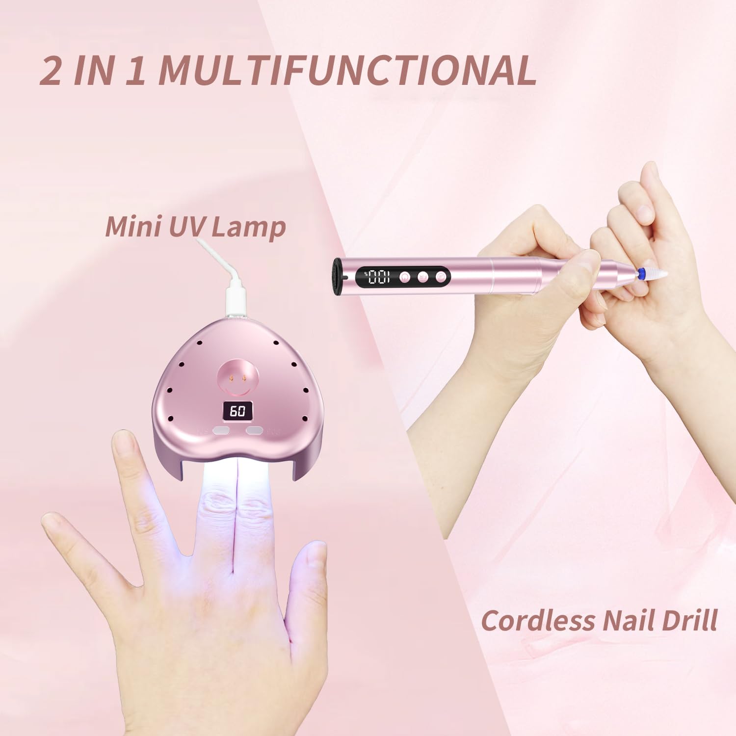 Ponceuse pour Ongles, Lime a Ongle Electrique Sans Fil Avec Lampe UV Et Écran LED & Support, Ponceuse à Ongles Professionnelle 35000 tr/min Manucure et Pédicure Kit Vitesse Reglable Rose