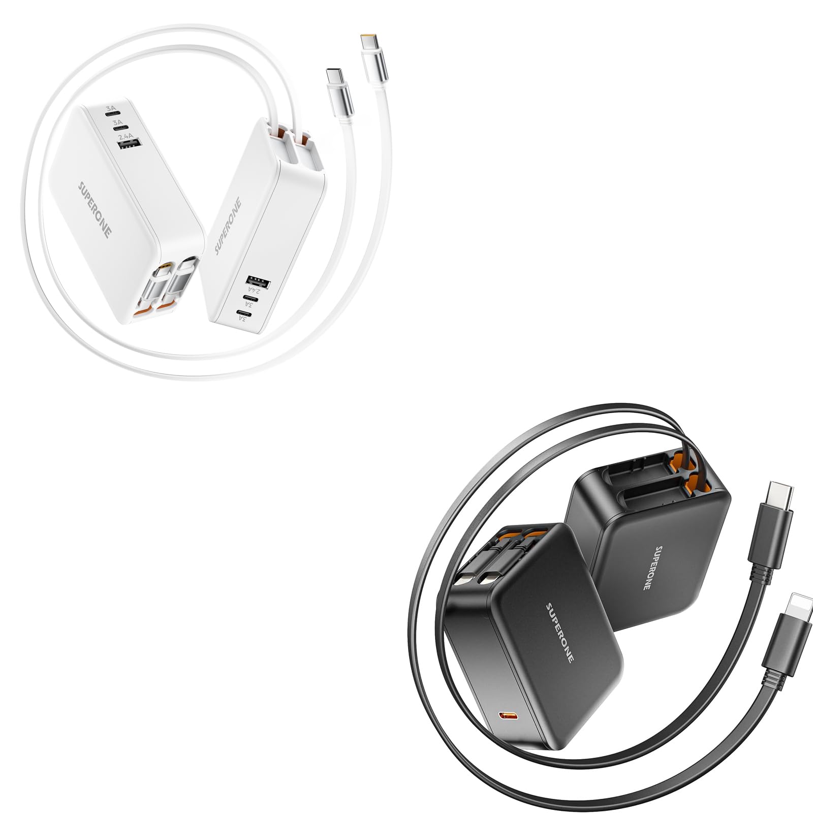 62W Retractable Wall Charger with Dual Cables 65W Retractable Wall Charger with Dual Cables