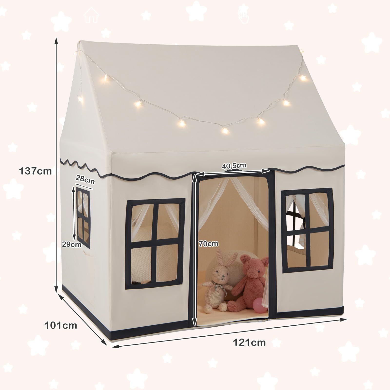 HOMASIS Tenda per Bambini in Cotone, Casa da Gioco per Bambini con Luci Stellari, Borsa per il Trasporto, Tappetino, Regalo per Ragazzi e Ragazze, Tenda da Gioco Interni e Cameretta (Beige+nero)