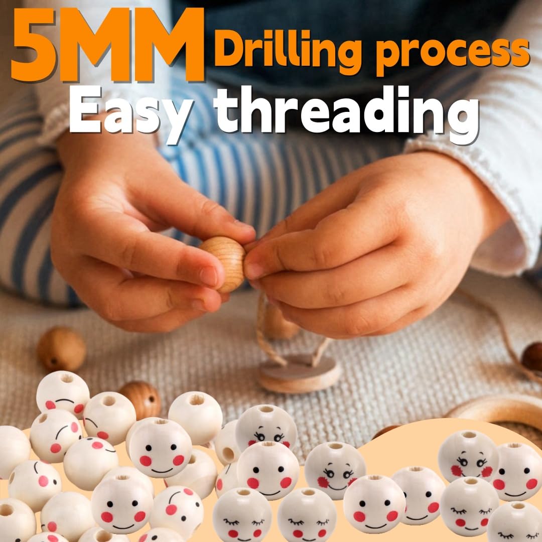 Palline Di Legno Con Faccine - 60 Pezzi Con Foro Per Lavoretti Creativi - Foto 9