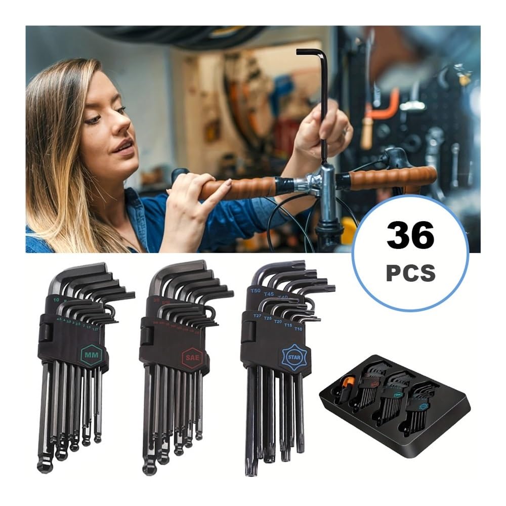 Juego de 36 llaves Allen con extremo de bola larga para reparación de bicicletas, motos, muebles, herramientas profesionales del hogar