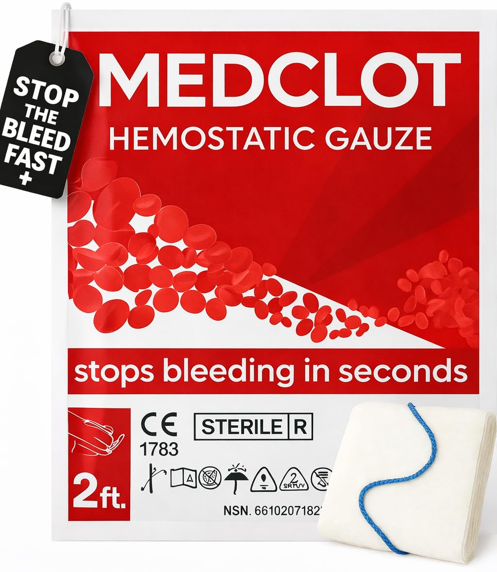MEDCLOT Kaolin Hemostatic Gauze-Stop The Bleed Kit for Trauma-Wound Packing Gauze-Blood Clotting Bandages-Compressed Sterile Dressing-Bleeding Control Kit-CE Certified-2ft Roll-Expires 2029
