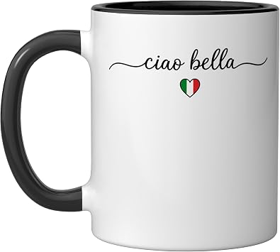 Ciao Bella Italian Flag Heart Design Italy Souvenir Ceramic Mug, Black/White, 11oz