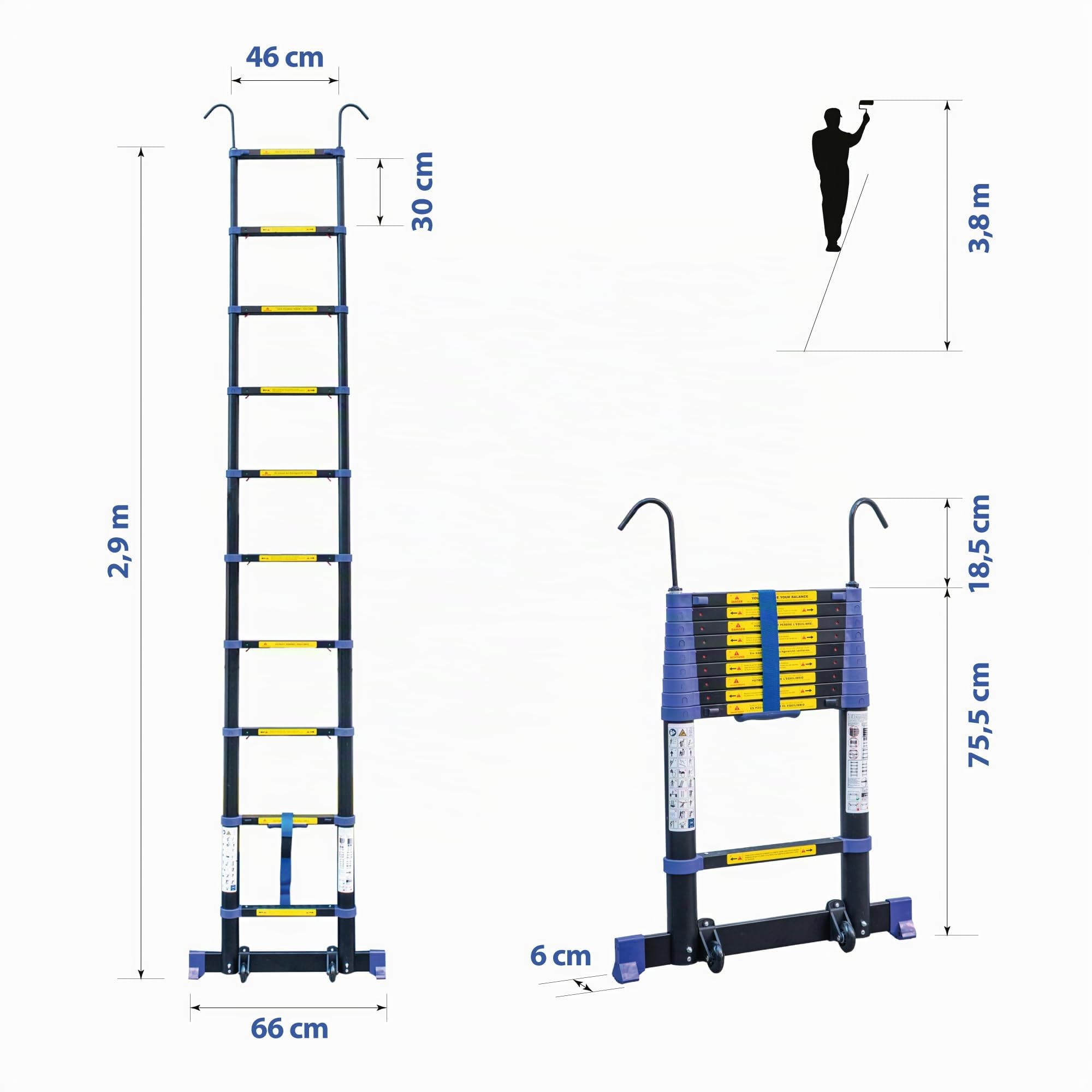 HOSTRÖM Echelle telescopique 3,2m TELESCOVA10+, Aluminium, Pliable, Extensible, Multi-Fonction, H Travail Max 4,1m, Crochets Amovibles, Garantie 5ans
