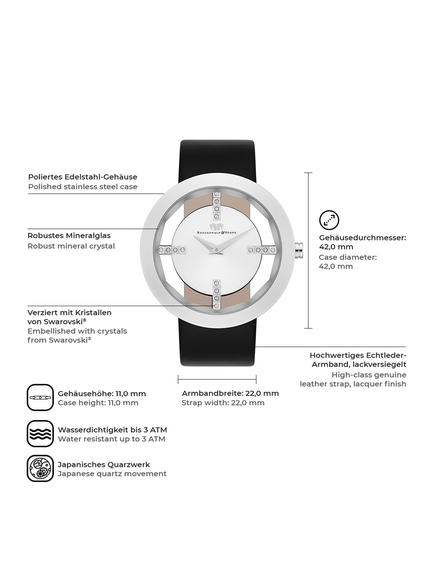 Rhodenwald & Söhne Lucrezia Damenuhr Edelstahl Silber 3 ATM Quarzwerk | verziert mit Kristallen,Echtlederarmband,schwarz,Fashionuhr,analog,Frauen,Skeletonoptik,Mineralglas