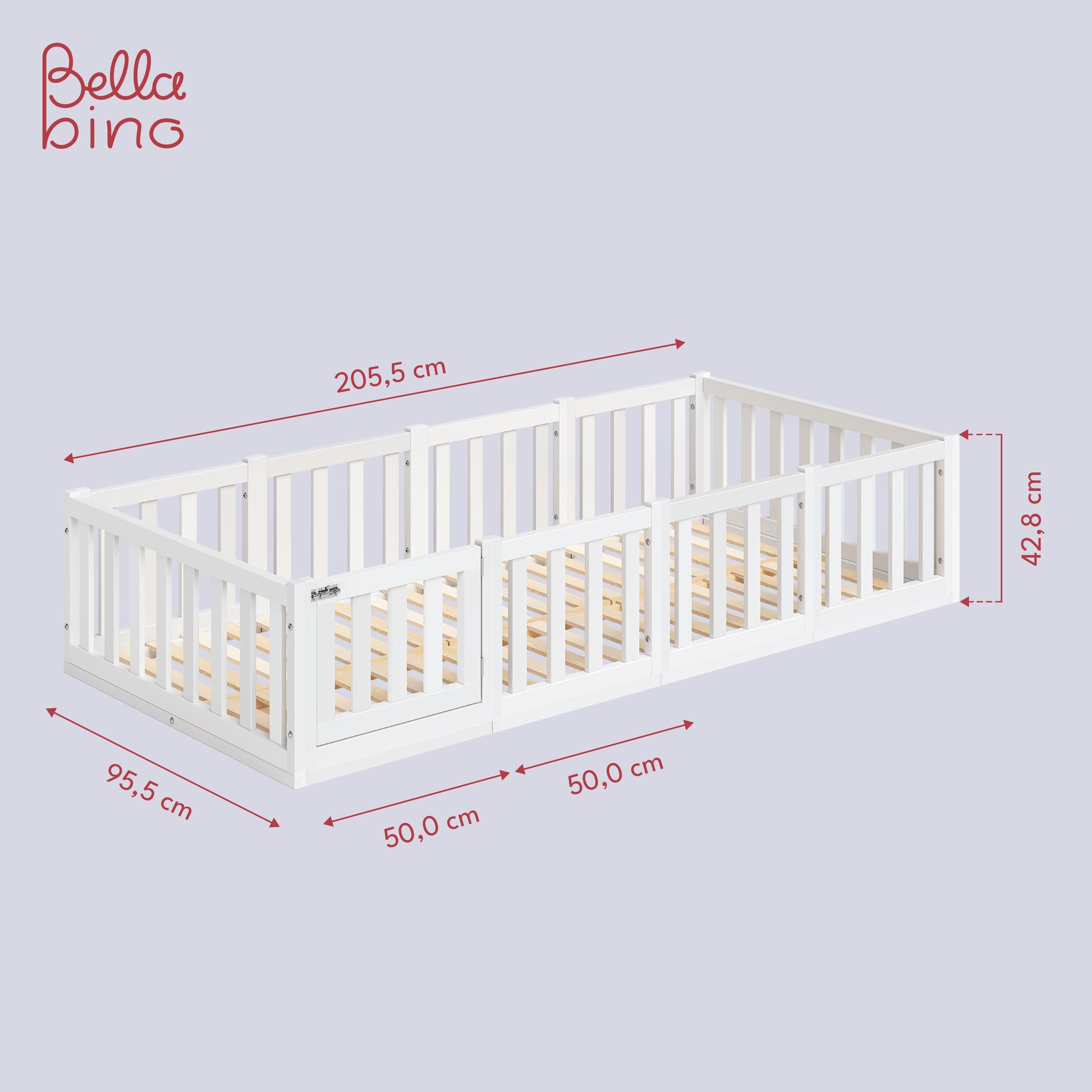 Bellabino Tapi Bett 90x200 cm, Kinderbett mit Rausfallschutz und Tür, inklusive Lattenrost, Montessori Bodenbett für Jungen und Mädchen aus Kiefer Massivholz, weiß lackiert, Bed