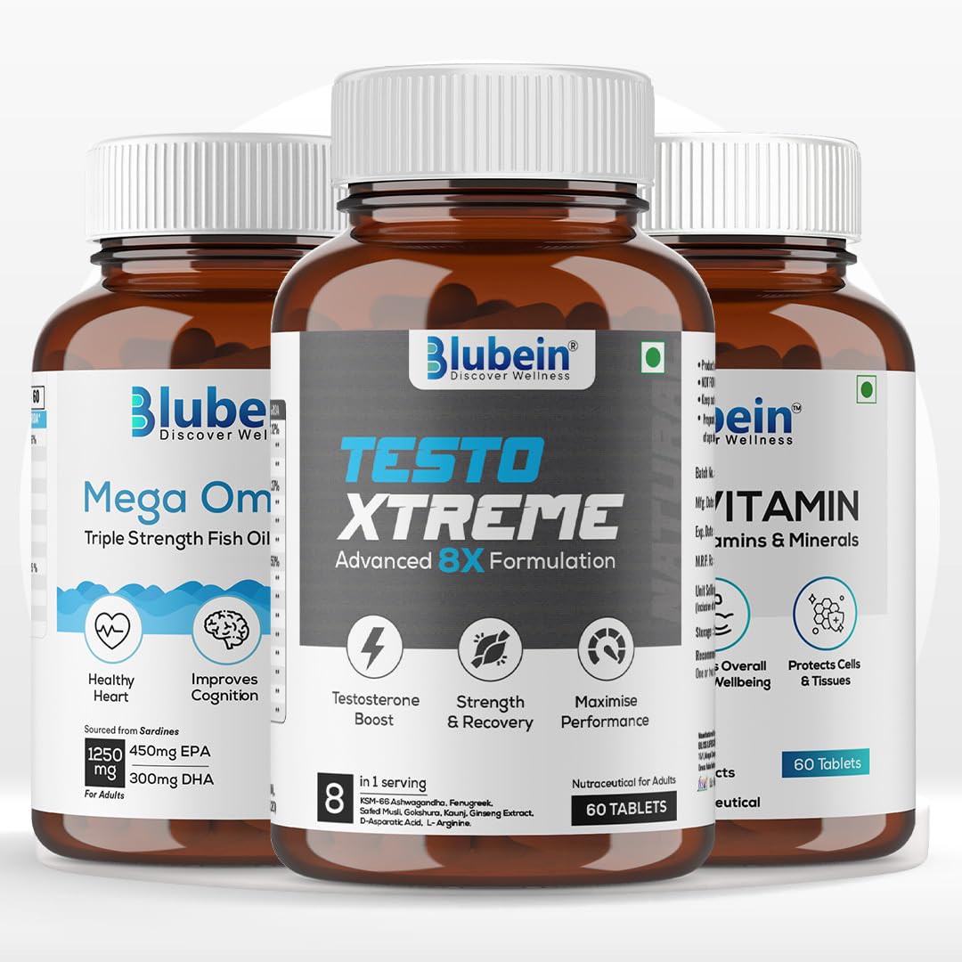 Blubein Total Wellness Trio PRO | 1250 mg Mega Omega 3 Fish Oil 60N | KSM-66 Ashwagandha 60N | Multivitamin with 37 Vital Ingredients 60N