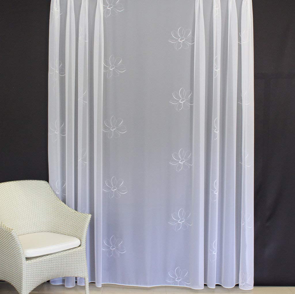 Hochwertige Gardine Fertiggardine Voile Store Schal mit Stickerei Faltenband und Bleiband weiß Venezia 165 x 600 cm (HöhexBreite)