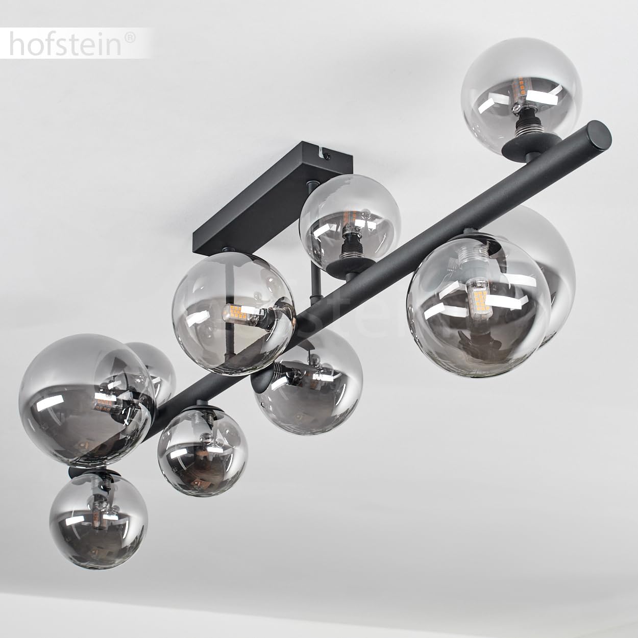 HOFSTEIN Plafoniera Chehalis, lampada da soffitto in metallo/vetro nero/fumé, illuminazione dal design moderno retrò/vintage con paralume in vetro (Ø 10 cm, 12 cm, 15 cm), 10 x G9, senza lampadine