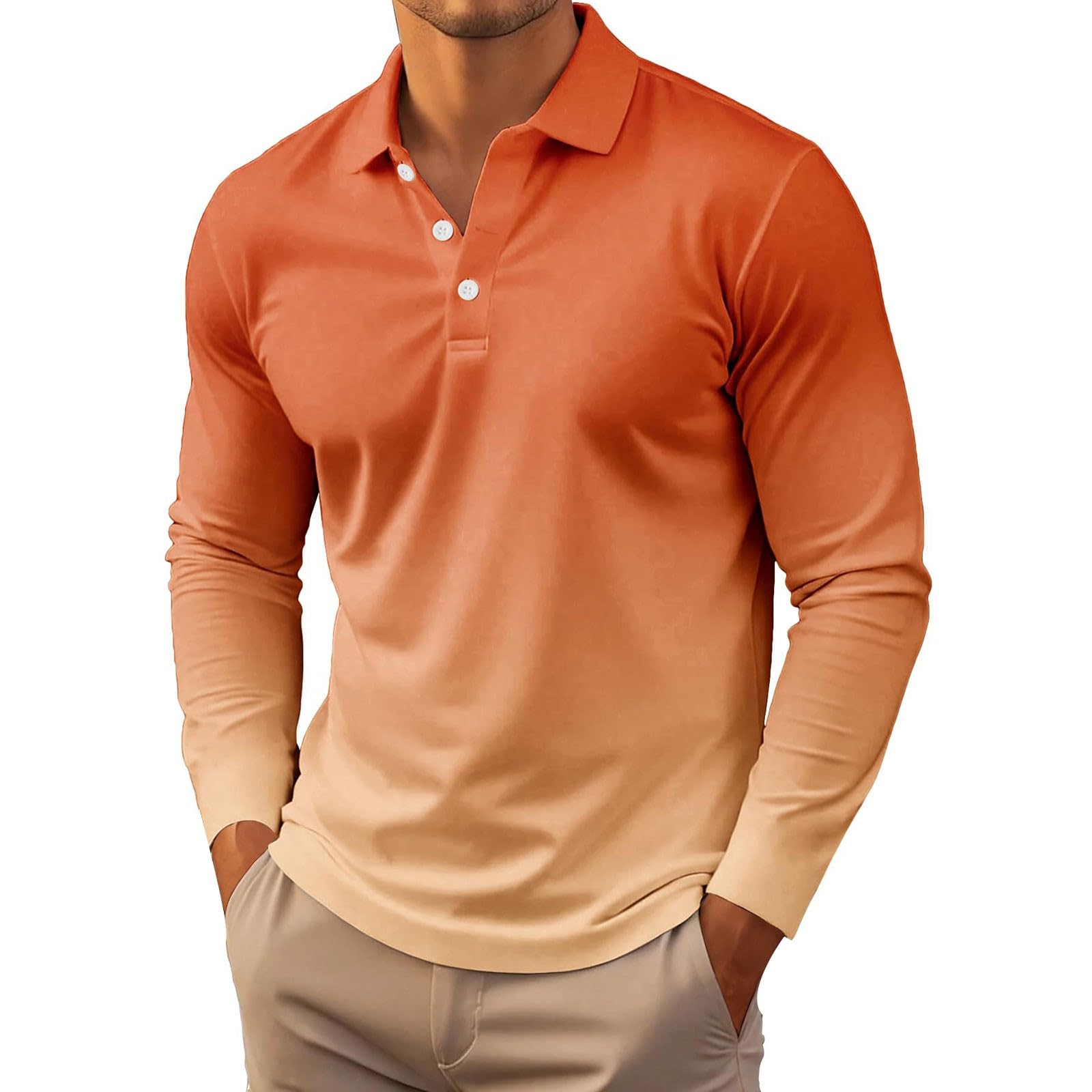 Generico Polo Uomo Manica Lunga a Colore Sfumato Ombré, Colletto Abbottonato Leggero, Modello Raffinato Adatto per Il Golf, Tennis e uscite quotidiane(1A-Orange, M)