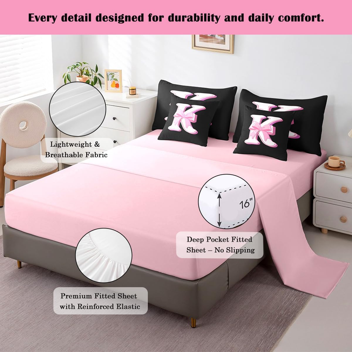 jejeloiu Kids Girls Black Pink Bow Comforter Set with Sheets Queen Size Monogrammed 7 Piece Bedding Set Personalized Initial K Bed in a Bag with Comforter,Sheets,Pillowcases Modern Fashion Bed Set