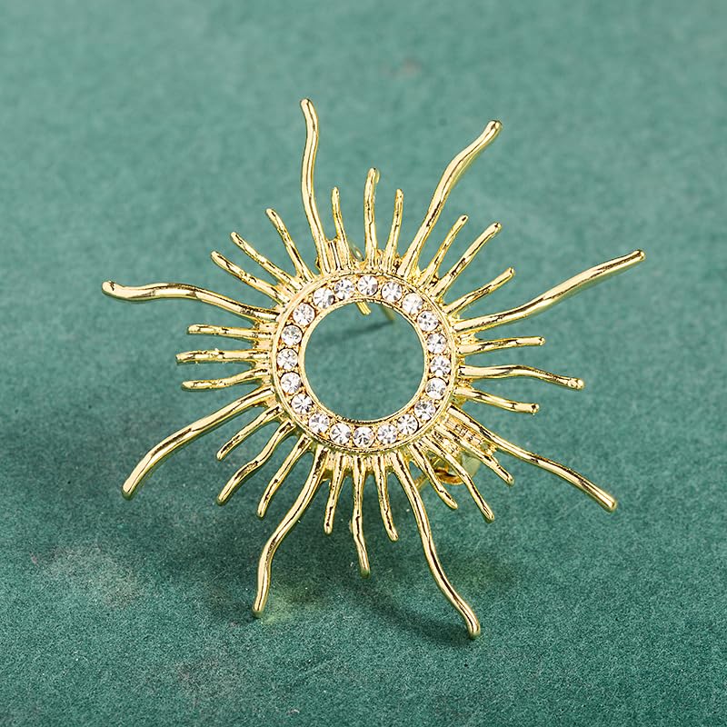 Image of Fashion Sun Brooch Pins For Women Men Gold-Tone Plated Sparkly Cz Crystal Baroque Celestial Sunshine Round Shape Lapel Badges Creative Clothes Shirt Accessories Birthday Holiday Jewelry Gift Best Friend