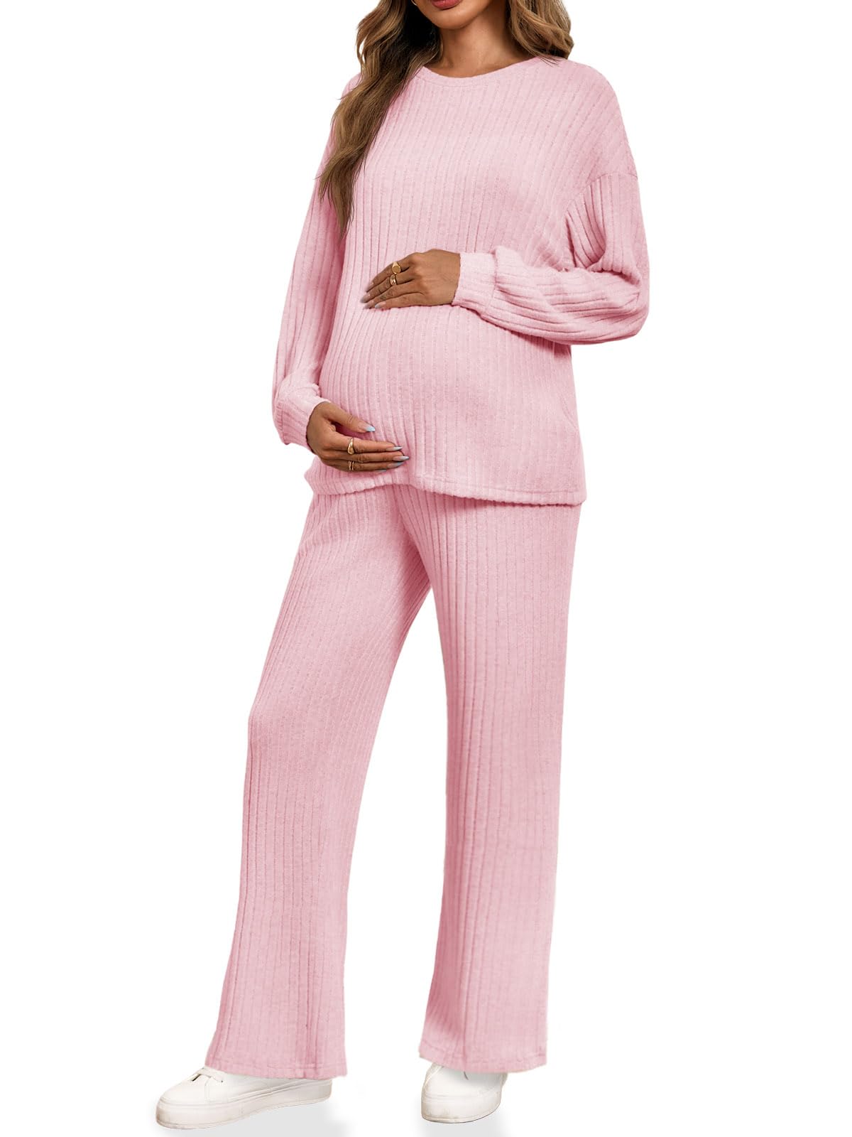 Yousify Womens Maternity Pajamas Sets 2 Piece Outfits Ribbed Knit Lounge Set