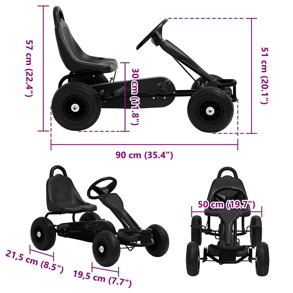 Pedal Go-Kart mit Luftreifen Schwarz, Tretfahrzeug Kinderfahrzeug aus Eisen und Kunststoff, 90 x 50 x 51 cm, Handbremsen, für 3 bis 6 Jahre, 30 kg