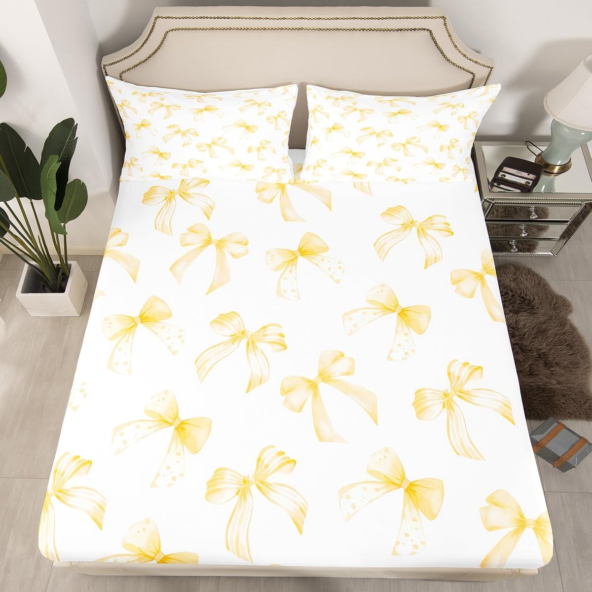 Feelyou Yellow Bow Bed Sheet Set for Kids Boys Girls Full Size Cute Dreamy Princess Style Fitted Sheet Ultra Soft Bow Pattern Bedding Set Yellow Bowknot Bed Cover Room Decor Bow Bed Set