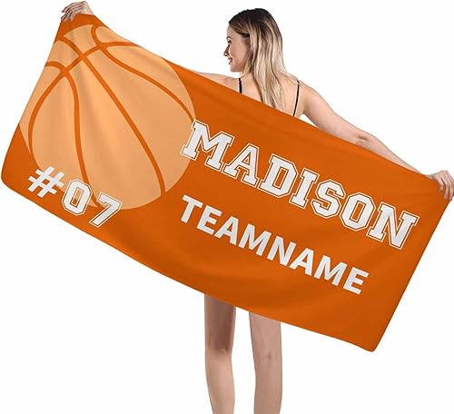 Toalla de baño personalizada con nombre y texto para niños, amigos, padres, toalla de playa de baloncesto naranja personalizada para piscina,