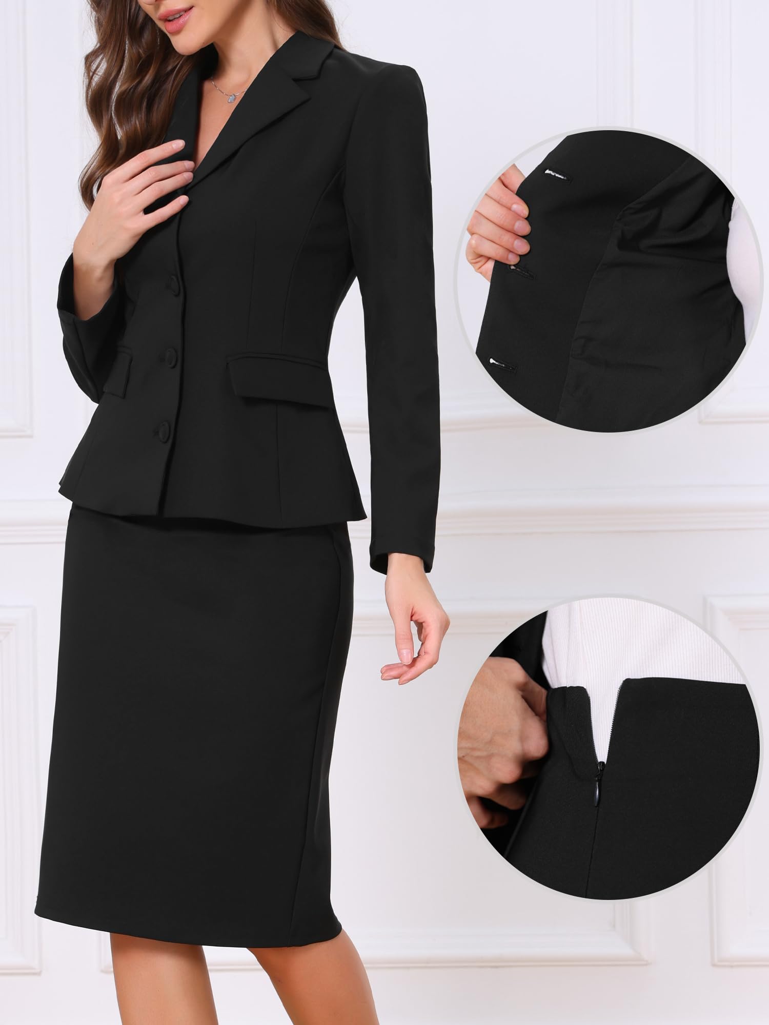 Allegra K Ensemble Tailleur Jupe 2 Pièce Femme pour Travail et Bureau | Veste Blazer à Col Revers Cranté avec Jupe Midi Crayon