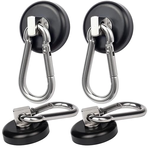 Ganchos magnéticos de 100 libras, ganchos magnéticos negros con mosquetón giratorio para colgar refrigerador, fuerte imán de neodimio grande (100