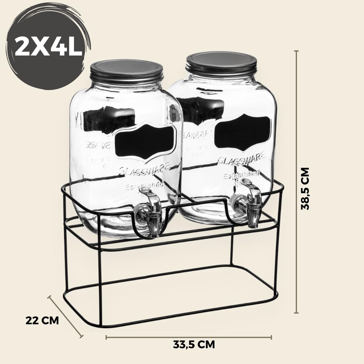 Distributeur Boisson Double avec Robinet 8 L (2x4L) - Fontaine à Eau et Cocktail - Bol à Punch - Jarre en Verre pour Limonades - Bonbonne - Bocal pour vos Fêtes et Anniversaires