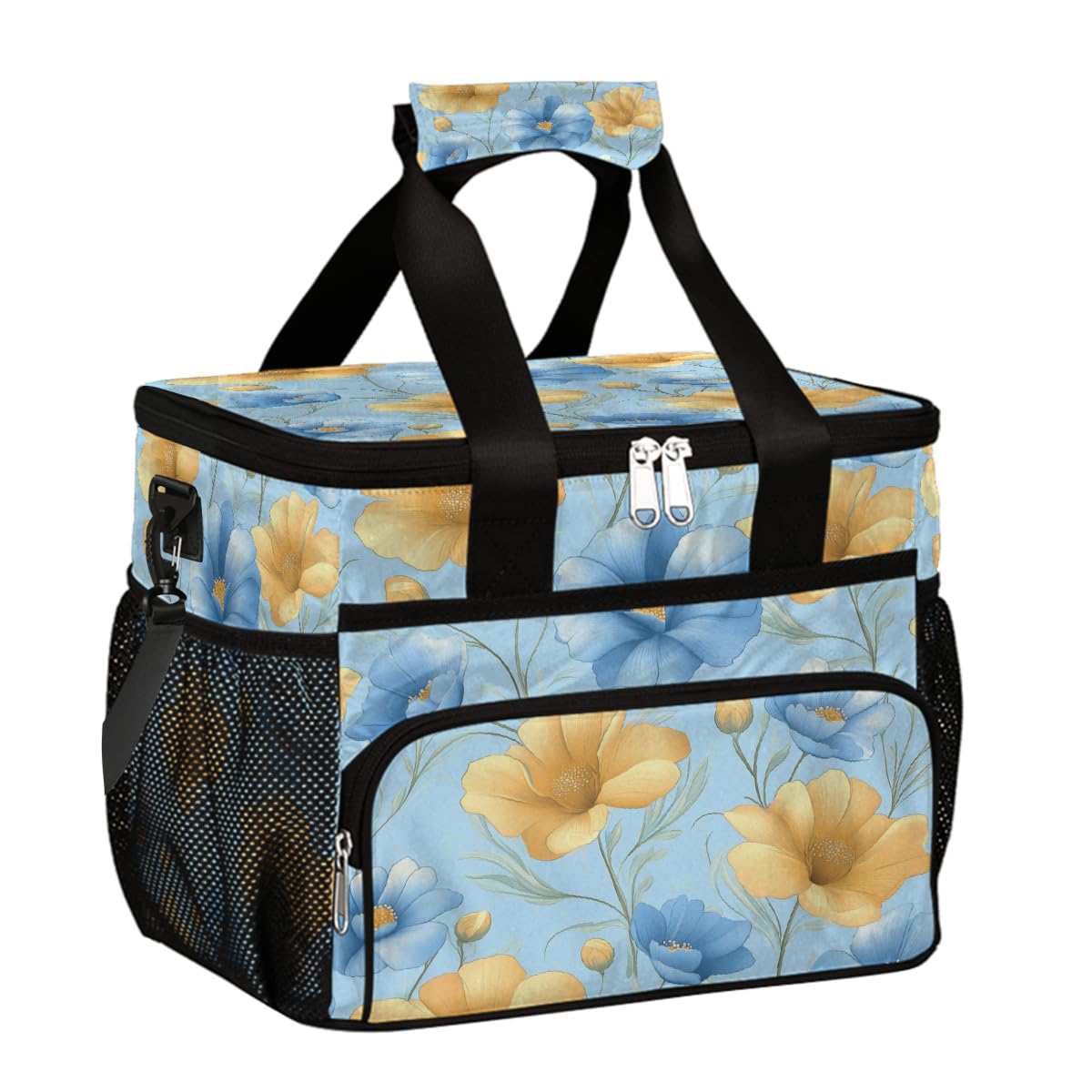 Grande borsa termica da campeggio per picnic, elegante design floreale blu giallo pieghevole portatile da viaggio borsa per il pranzo e contenitore per il pranzo per uomini e donne, 20 l