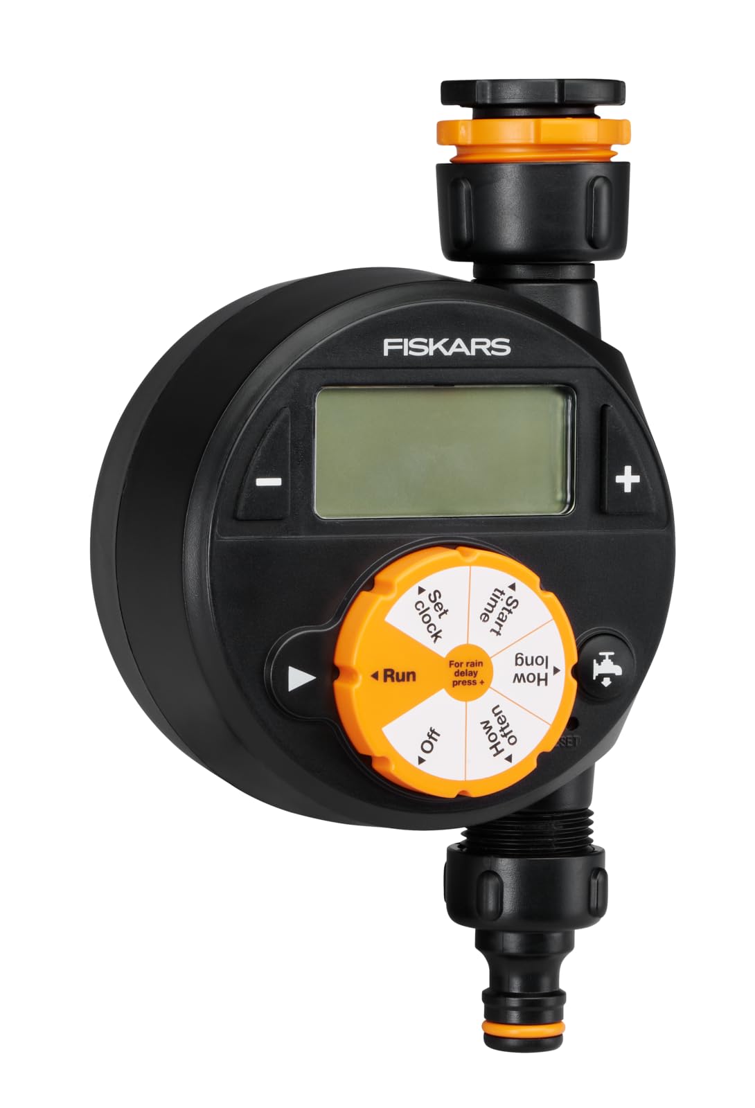 Fiskars Programador/Timer con 1 salida, Para todos los tamaños de grifo habituales, Pantalla LCD de fácil lectura, Tamaño universal, 380 g, Negro/Naranja, 1054791
