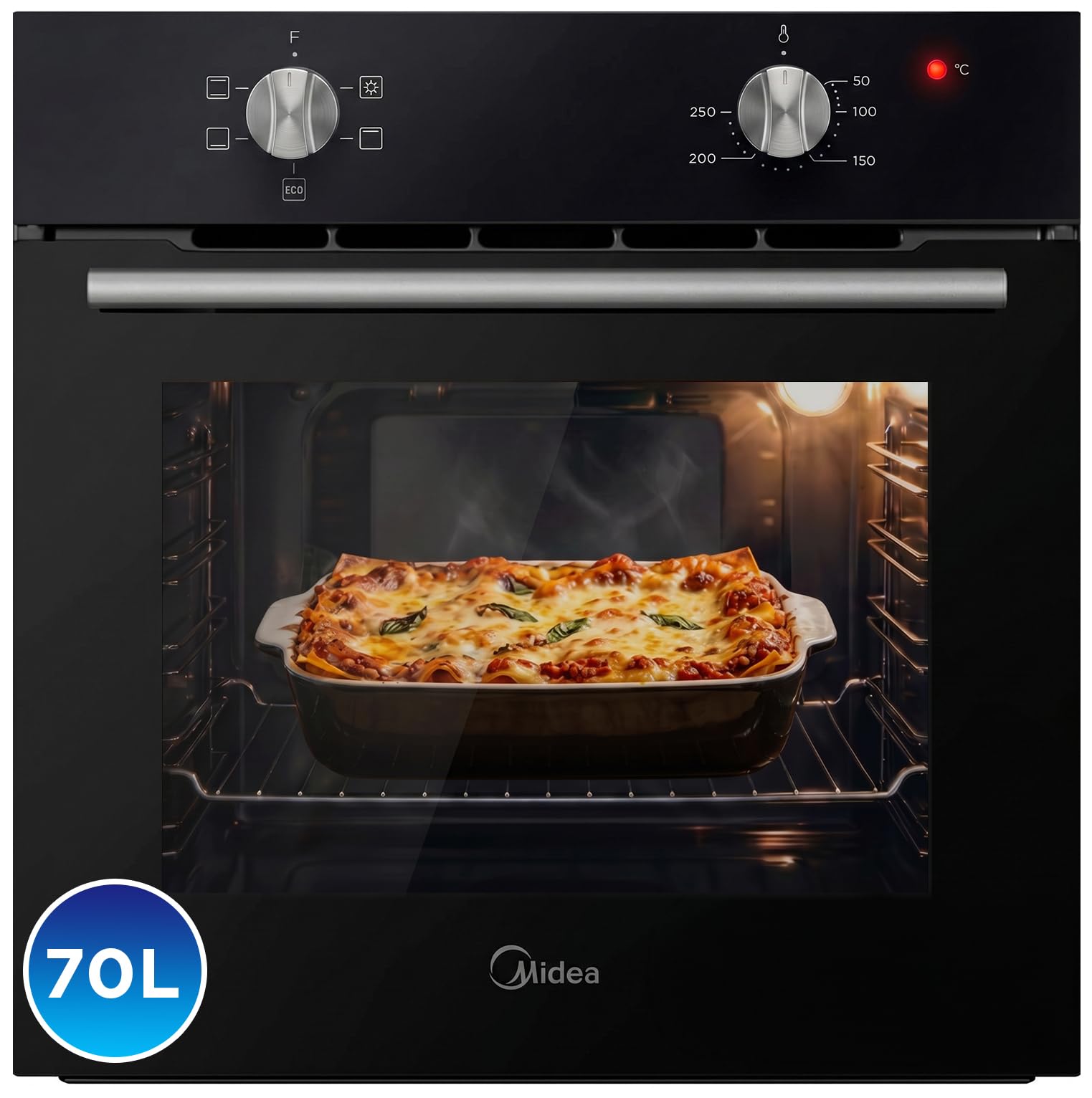 Midea Horno Electrico Empotrable Convencional de 70L y 2100W - Horno Integrable Negro con 4 funciones, Modo ECO - Hornos con Luz Led de Bajo Consumo, Puerta Doble Cristal, Bandeja Universal, y Rejilla