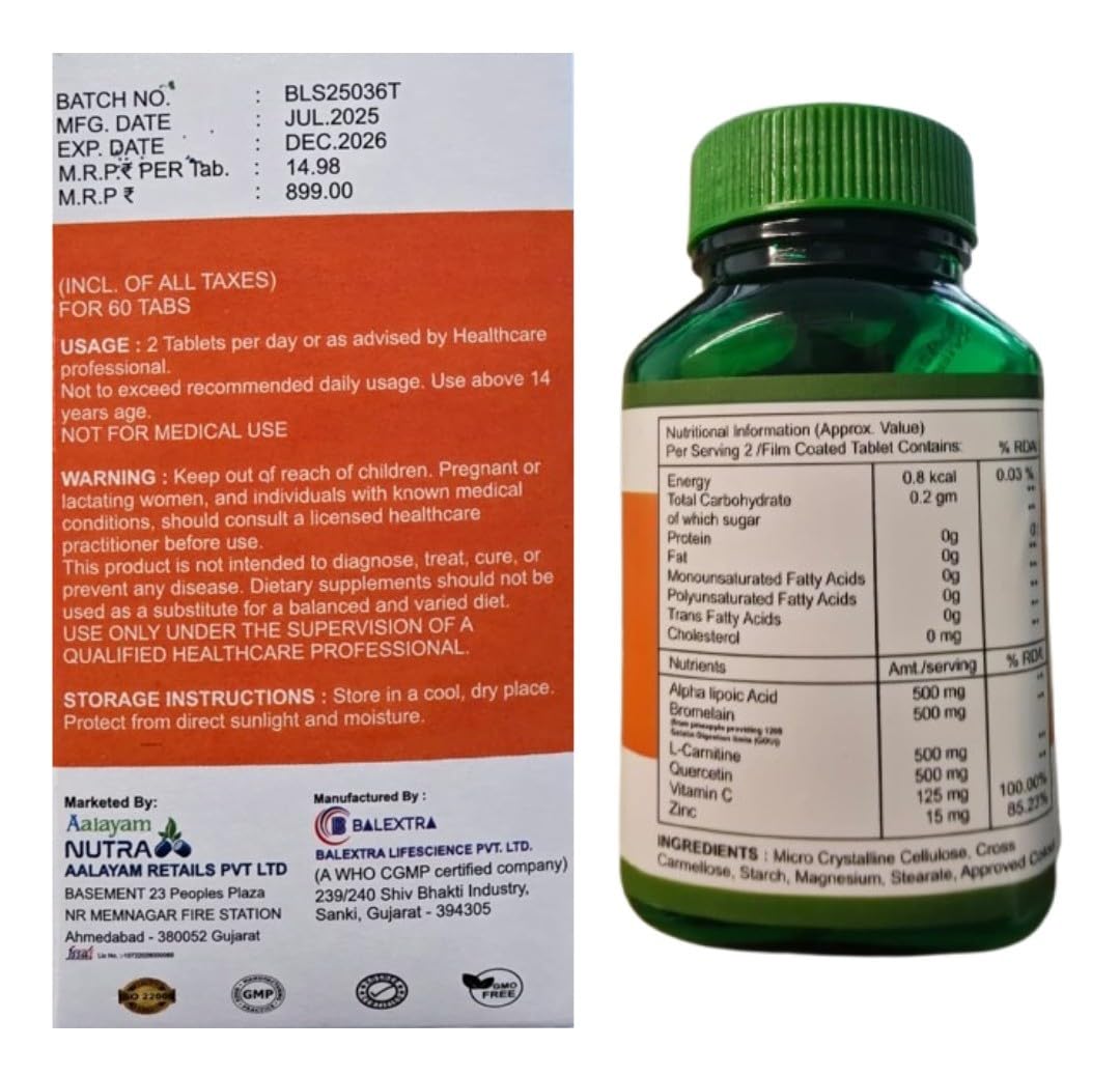 ABC Nerve Care | Advanced Neuropathy Support with Alpha Lipoic Acid (ALA) 500mg, L-Carnitine & Bromelain | Formula for Nerve Pain, Tingling, Numbness & Discomfort in Feet & Hands | Potent Antioxidant & Anti-inflammatory - 60 Tablets — Amazon image 5