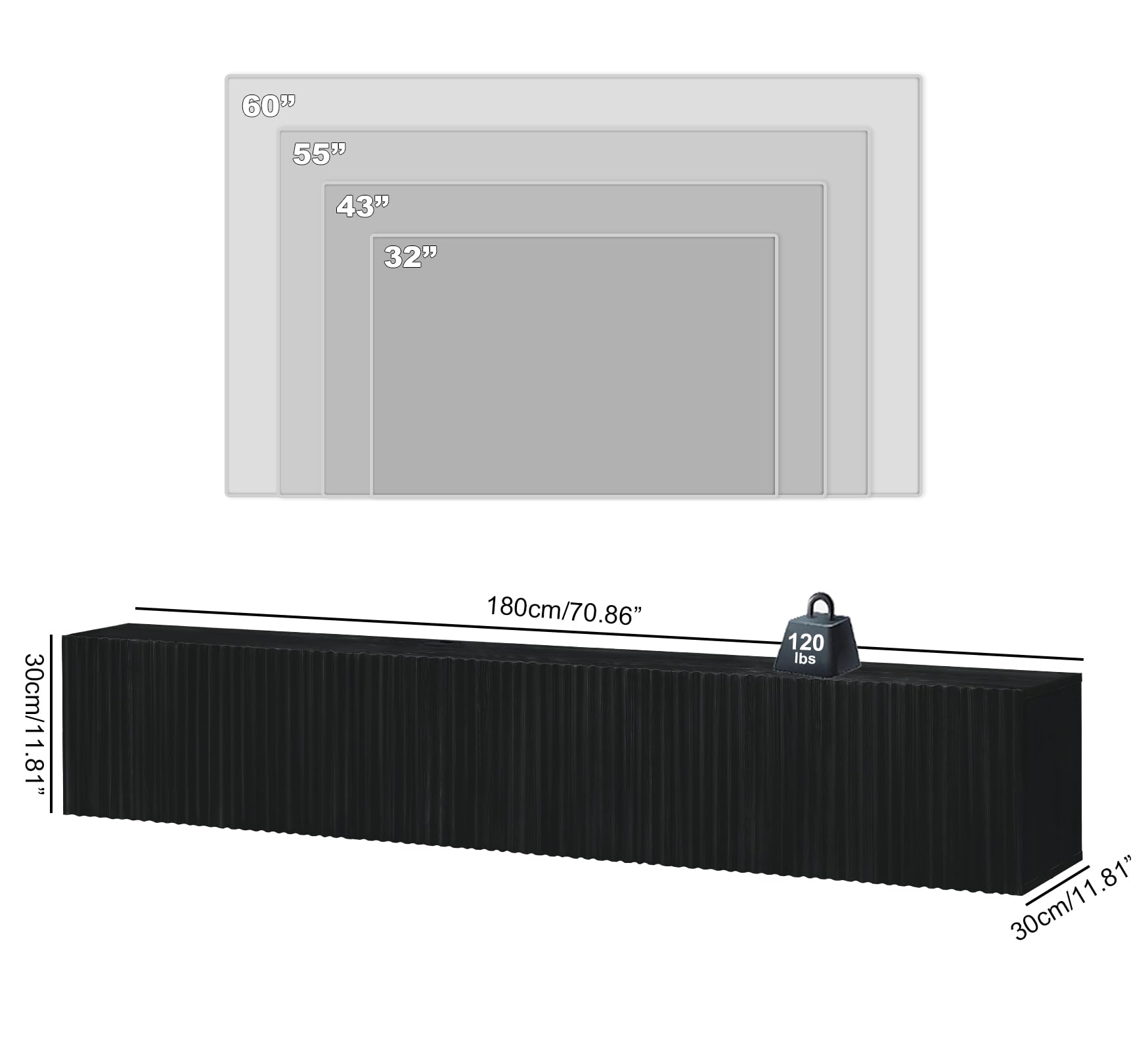 TABOJS Soporte Flotante para TV, Centro de Entretenimiento de Montaje en Pared de 70,7 Pulgadas con Puertas estriadas, Elegante Consola Multimedia y gabinete de Almacenamiento para Sala de Estar,