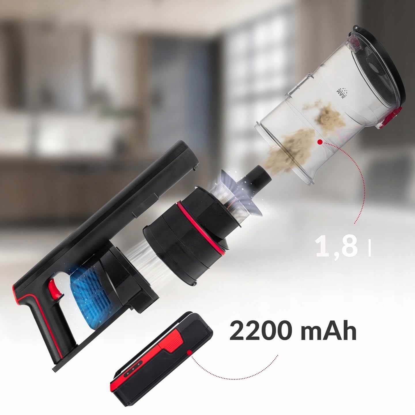 LEHMANN Aspirapolvere Senza Fili 3 in 1, Scopa Elettrica Senza Fili con 45 Minuti Autonomia, Serbatoio 1,8L, Spazzola LED, Filtro HEPA, Set di Accessori, Ideale per Peli di Animali, Tappeti, Pavimenti