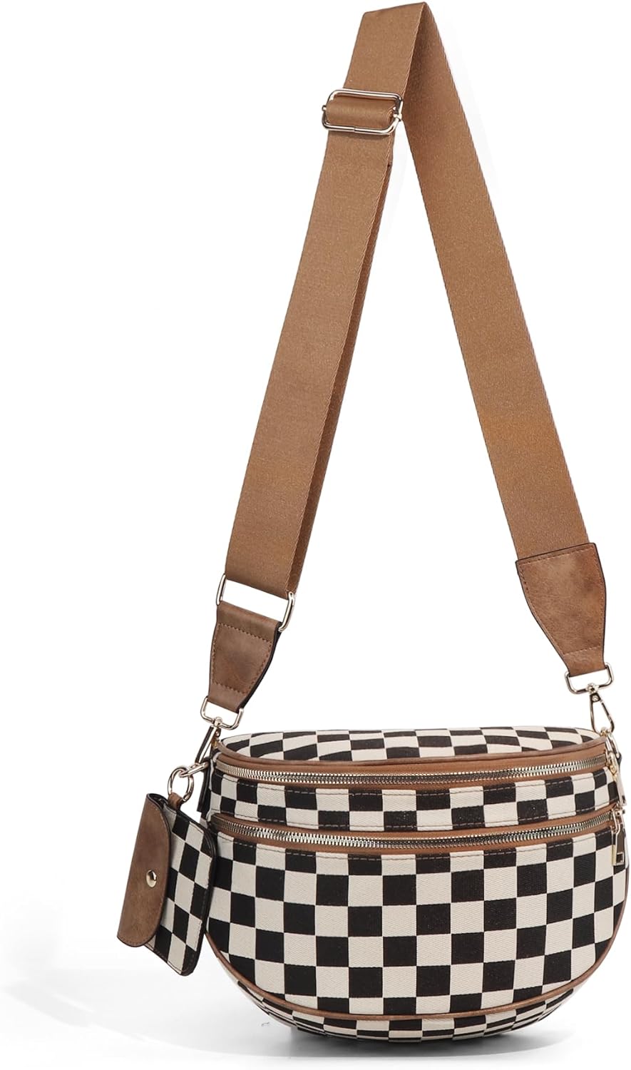Large Capacity Bum Bag for Women,Canvas Checkered Crossbody Bag Checkerboard Belt Bag Black and White Bum Bags (Brown-M)