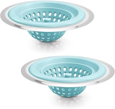 Silicone Strainer for Kitchen Sink, 2 Pack, Stainless Steel Reinforced, Basket Strainer, Drain Cover, Food Catcher, Debris Trap, Universal Anti-Clog Sink Drain Filter, Easy to Clean Blue Silicone