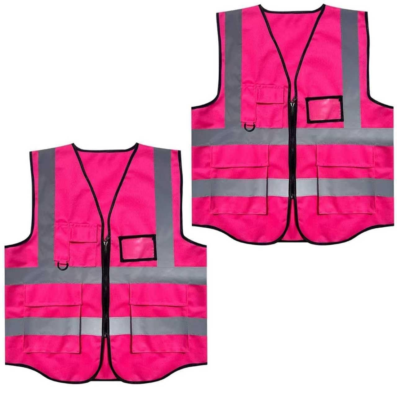 2 Stück Warnweste Pink für Damen Männer, Warnweste Erwachsene Pinke Warnwesten Reflektierende Jacke mit Taschen und Reißverschluss, Rosa Sicherheitsweste für die Sicherheit auf dem Bau