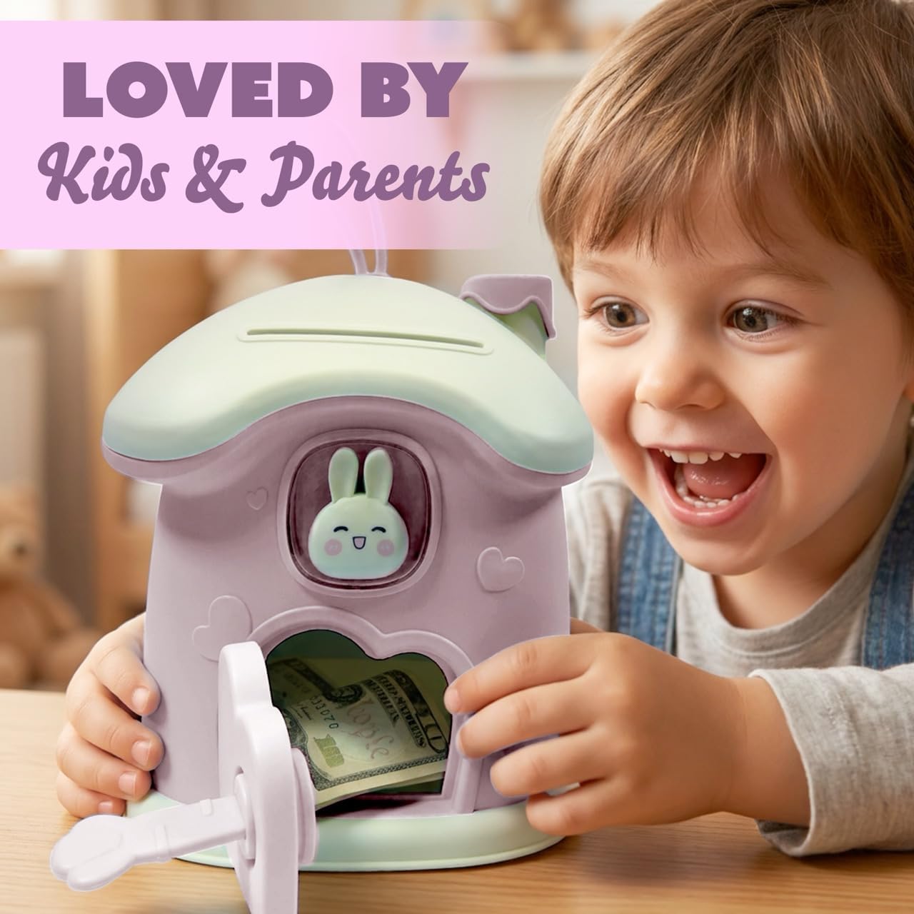 Bunny House Coin Bank for Kids - Durable Rabbit Piggy Bank with Handle & Lock - Cute Toddler Savings Jar for Girls & Boys - Kawaii Nursery Room Decor - First Money Box Gift - Pink