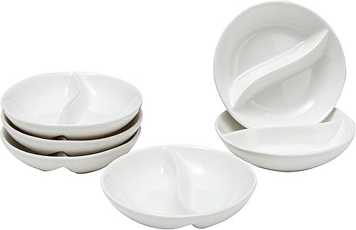 Vikko Mini plato seccional blanco, juego de 6 cuencos de porcelana para salsa, plato pequeño para condimentos, cuencos redondos apilables para