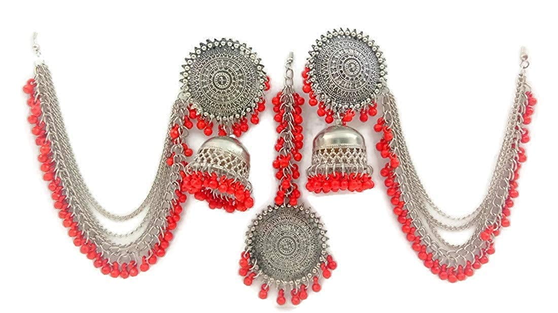 Shining Diva Fashion Latest Oxidised Silver Antique Design Stylish Traditional Maang Tikka Jhumka Earrings Jewellery Set for Girls (Red) (12005s)