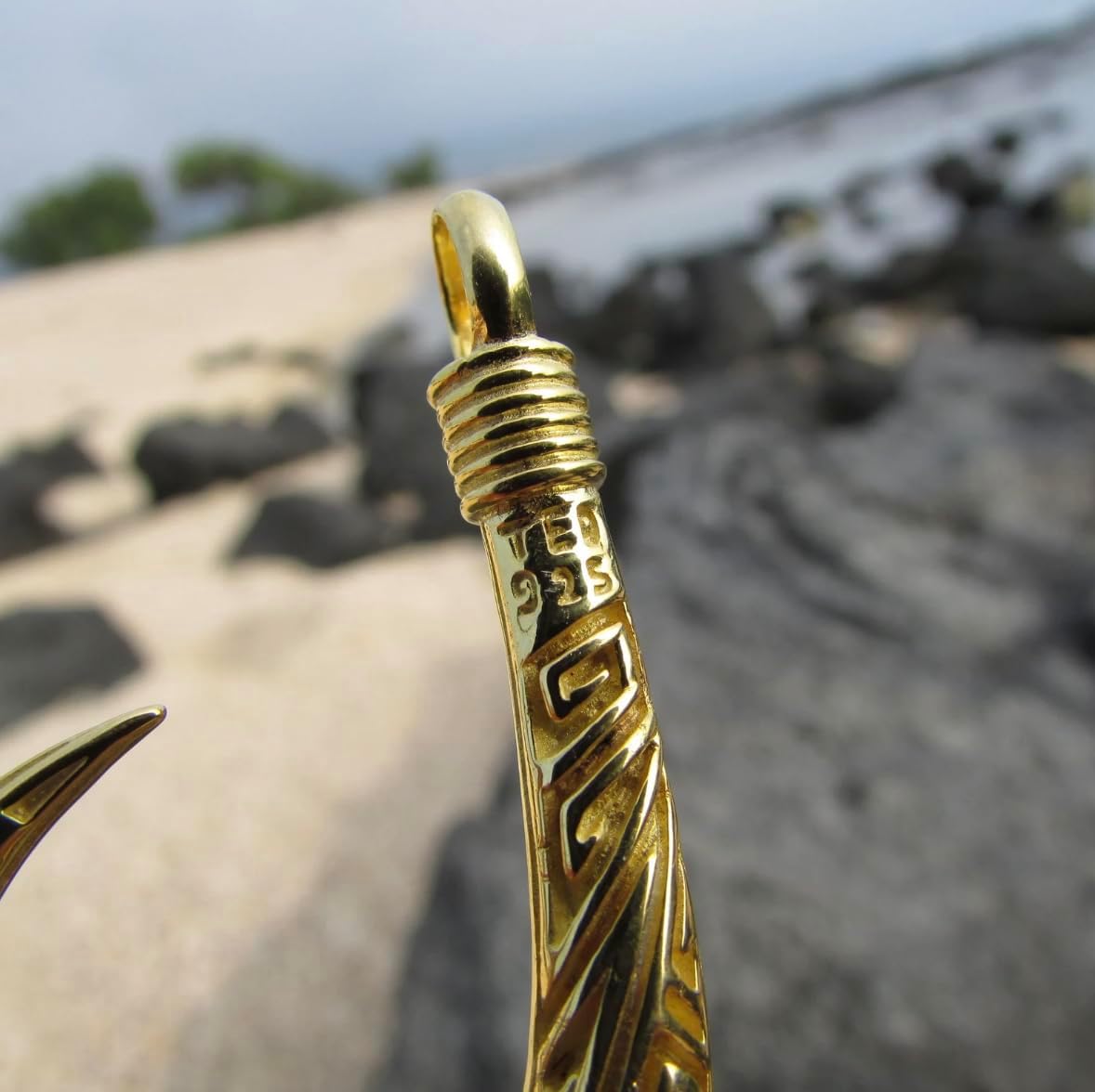 Hawaiian Tribal Maui Fishing Hook Necklace Pendant. 18K Gold Vermeil.
