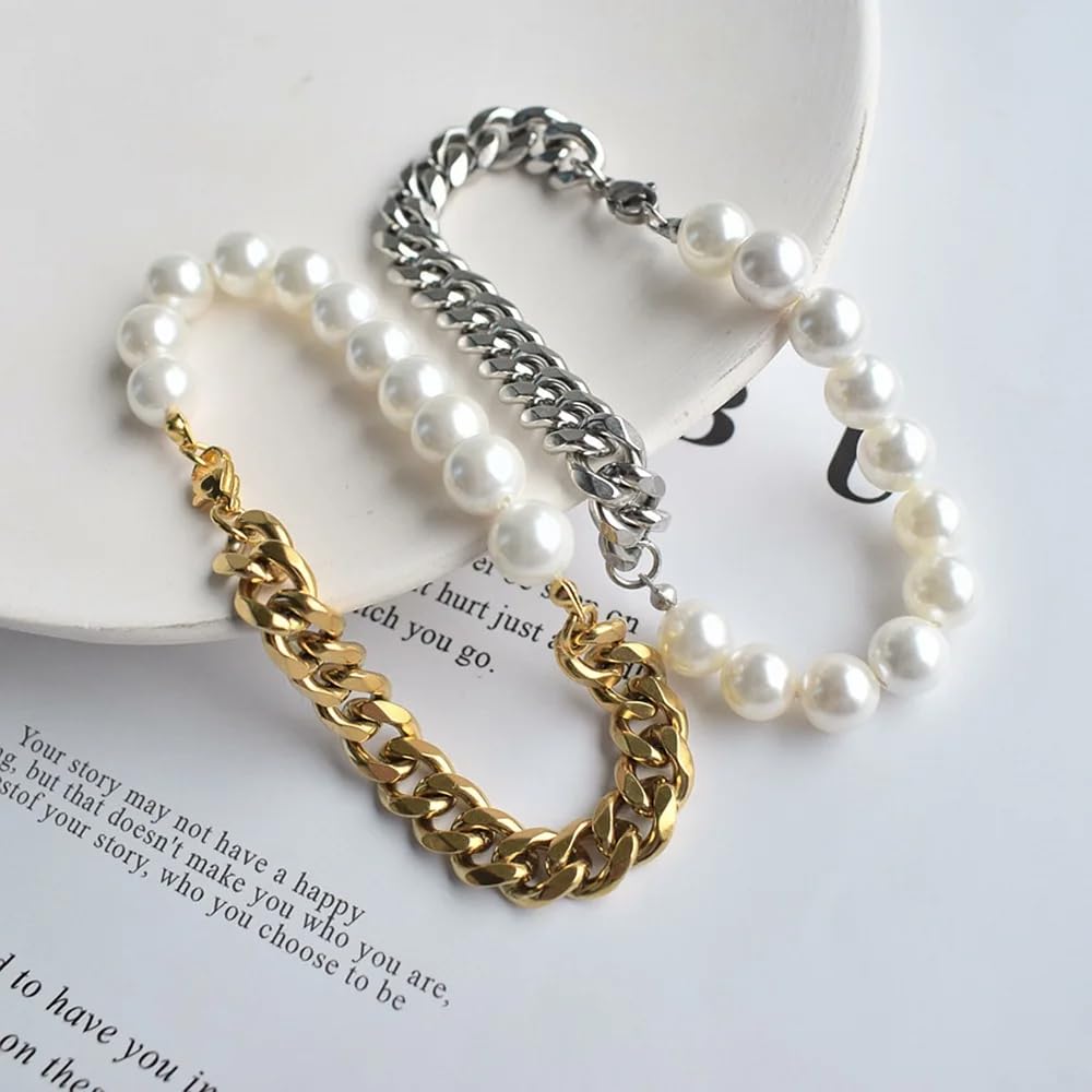 Halskette aus 925er-Sterlingsilber, natürliche Halbperle, Halbkette für Damen und Herren, Vintage-Halbperlen-Halsketten-Armband-Sets – Punk-Perlen-Schmucksets, Halbperlen-Halbkette-Halskette mit