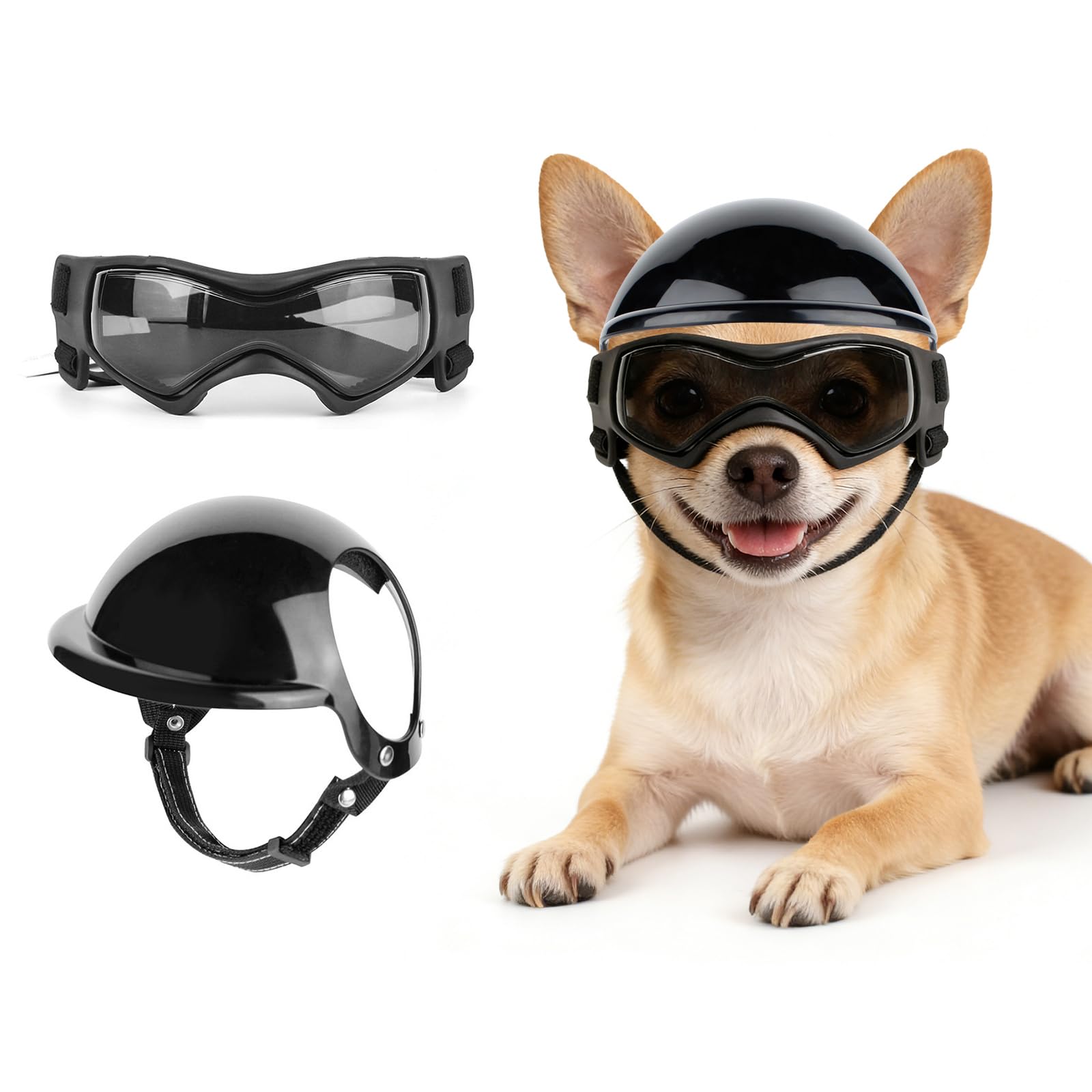 PETLESO Dog Goggles with Helmet for Extra Small Breed, Dog Helmet and Goggles Set for Outdoor Driving Walking, Black-XS