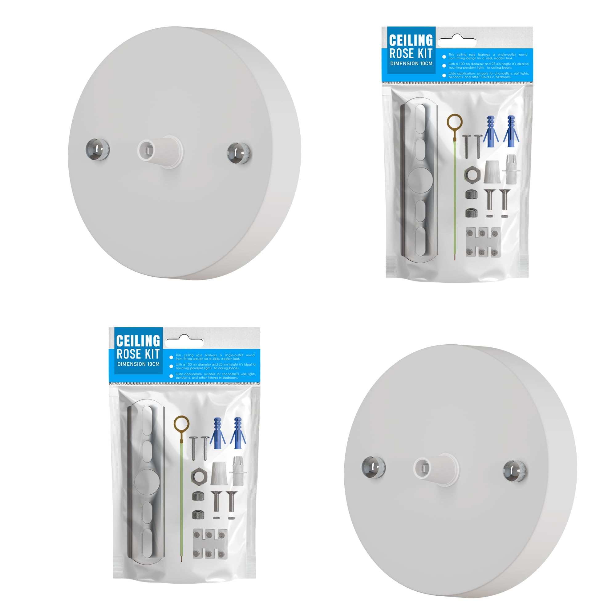DC VOLTAGE 2 Pack White Metal Ceiling Rose 100mm Round Pendant Light Fitting Canopy Kit with Accessories for Chandeliers, Hanging Lights and Wall Lamps