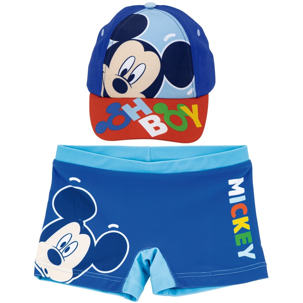 REQUETEGUAY Bañador Mickey Mouse para Playa o Piscina + Gorra Mickey Mouse Disney para Niños | Pack de Bañador y Gorra Disney Mickey Mouse | Bañador Mickey Mouse Tipo Bóxer + Gorra Disney Ajustable
