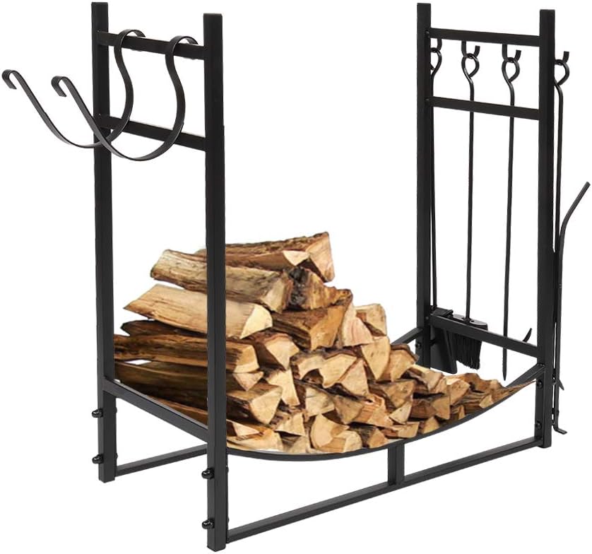 30" Heavy Duty Metal Firewood Rack Log Holder with Tool Set Indoor Fireplace Wood Storage Rack Outdoor Deck Fire Wood Holder Organizer for Firepit Stove Fire-Place