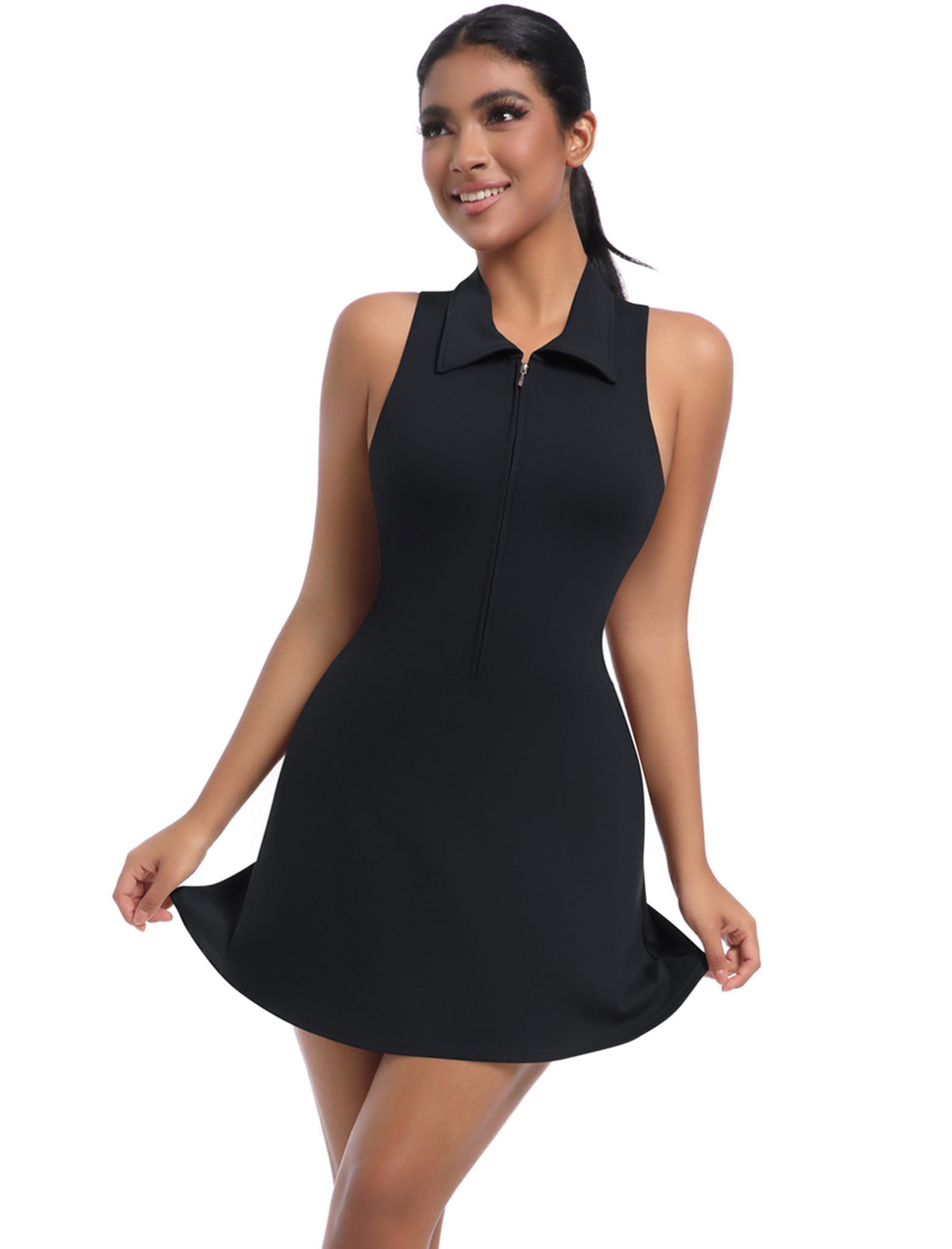 AGYMNX Robe Femme Tennis sans Manche Polo Golf Robe Casual A-Line Plissé Zip Ensemble Vêtements Sport