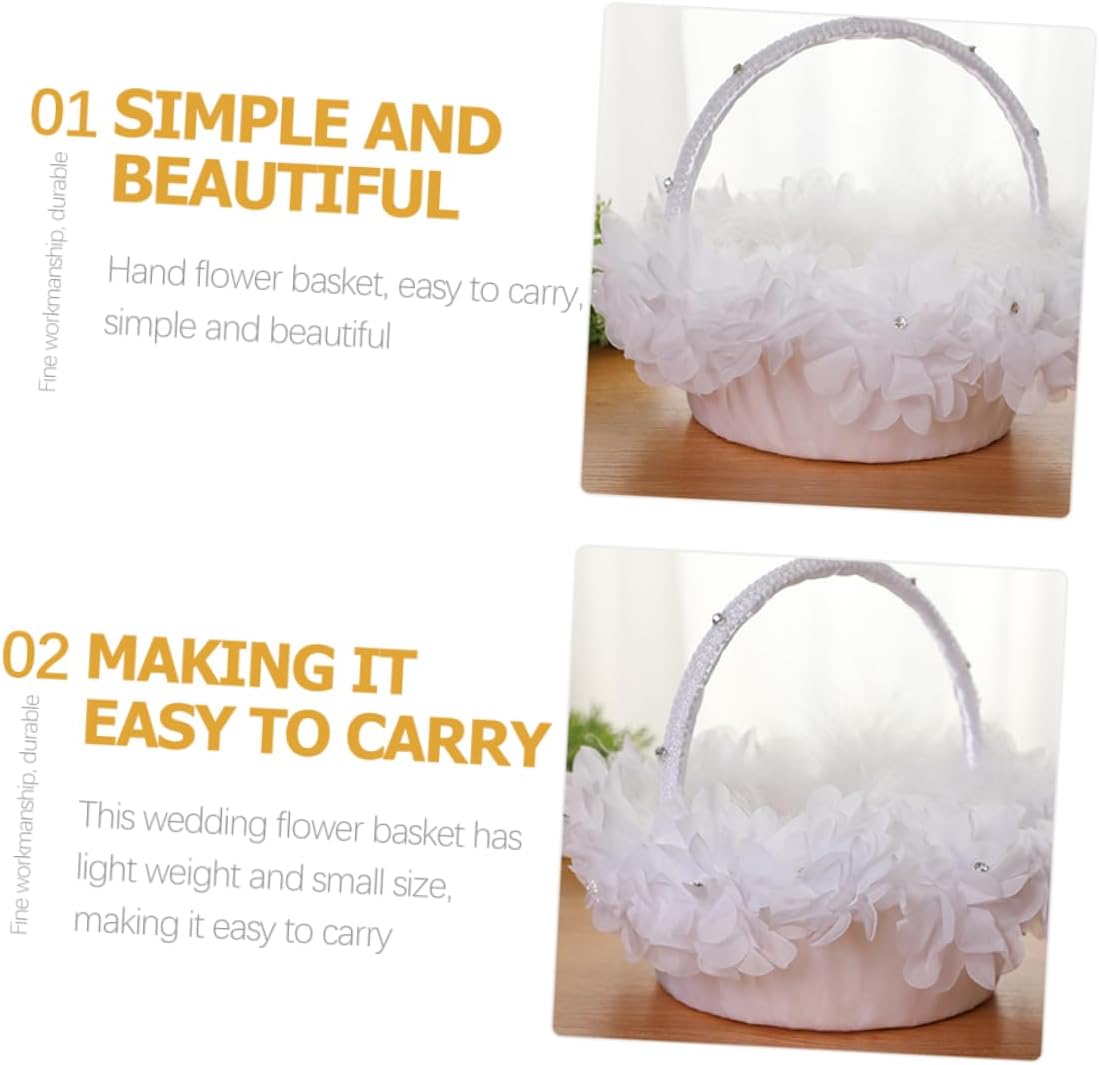 Sewroro Wedding Flower Basket with Lace and Rose Decoration, White Floral Girl Basket with Handle for Wedding Ceremony and Party Supplies,