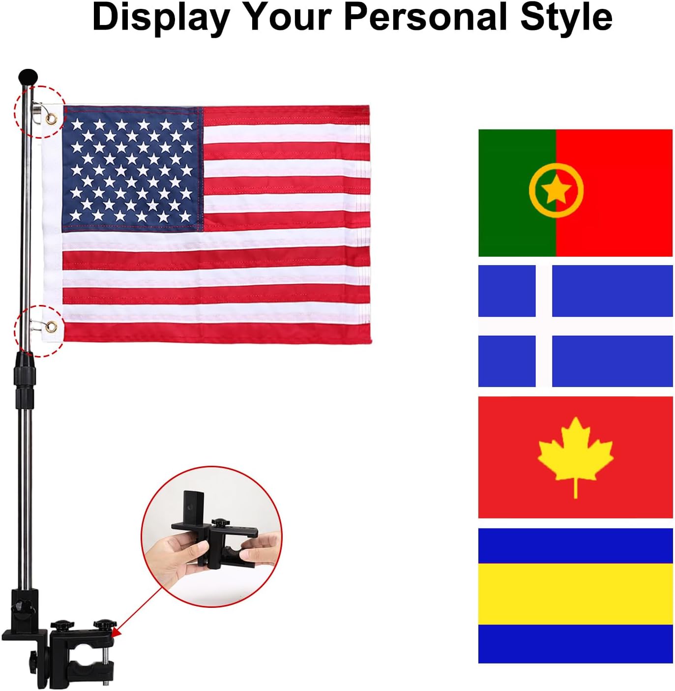 MEGREZ American Flag Pole Kit, 360° Adjustable Pontoon Boat Flag Mount, 30in US Flag Holder for Boats, Buggy, and Golf Cart - Image 2