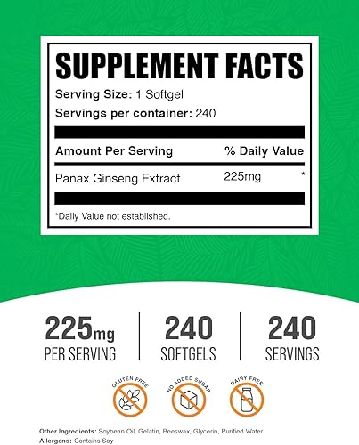 Miniatura 2 de BulkSupplements. com Panax Ginseng Softgels - Extracto de Panax Ginseng, suplemento de hierbas, sin gluten, 1 cápsula blanda por porción (225 mg),