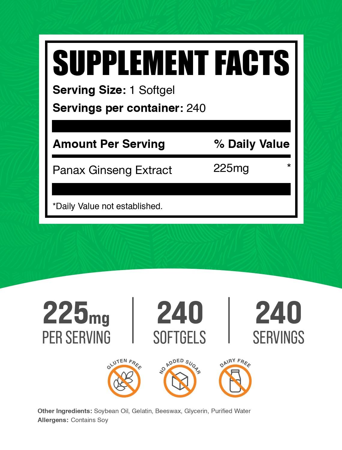 BulkSupplements.com Panax Ginseng Softgels - Panax Ginseng Extract, Herbal Supplement - Gluten Free, 1 Softgel per Serving (225mg), 240 Count (Pack of 1) — Amazon image 2