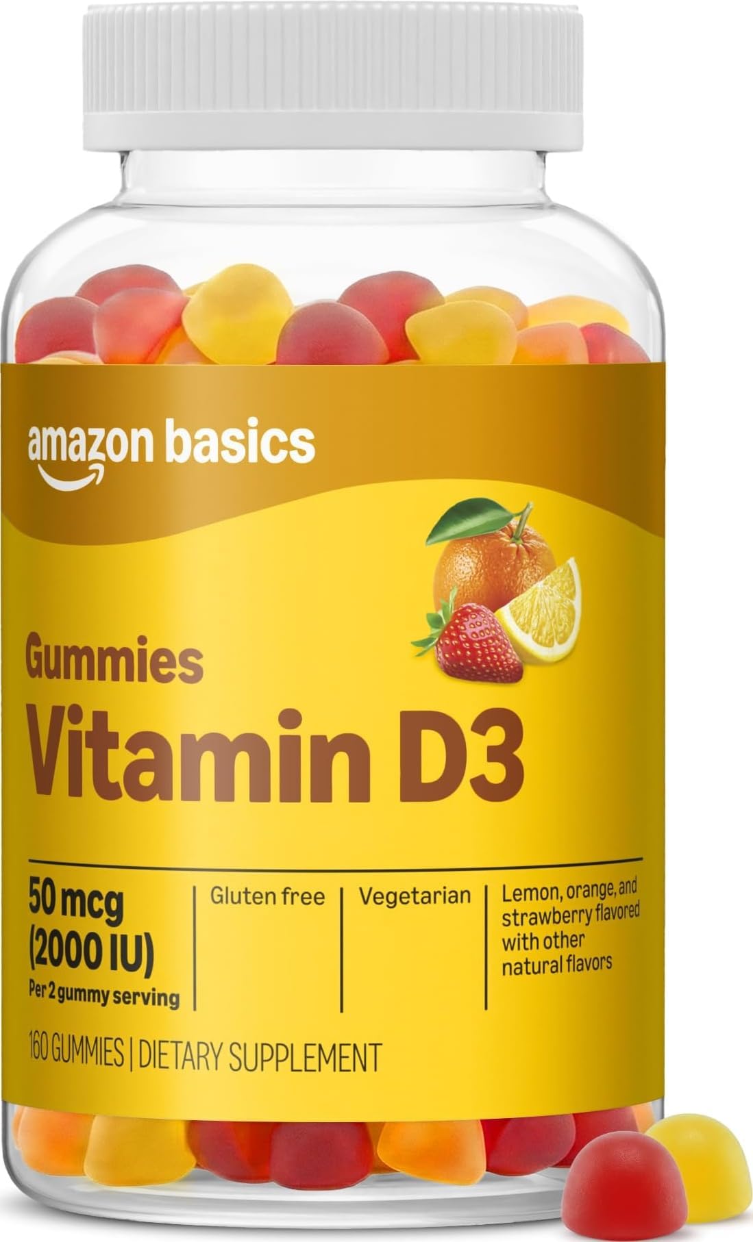 Amazon Basics Vitamin D3 2000 IU Gummies, Orange, Lemon & Strawberry, 160 Count (2 per Serving), Packaging May Vary