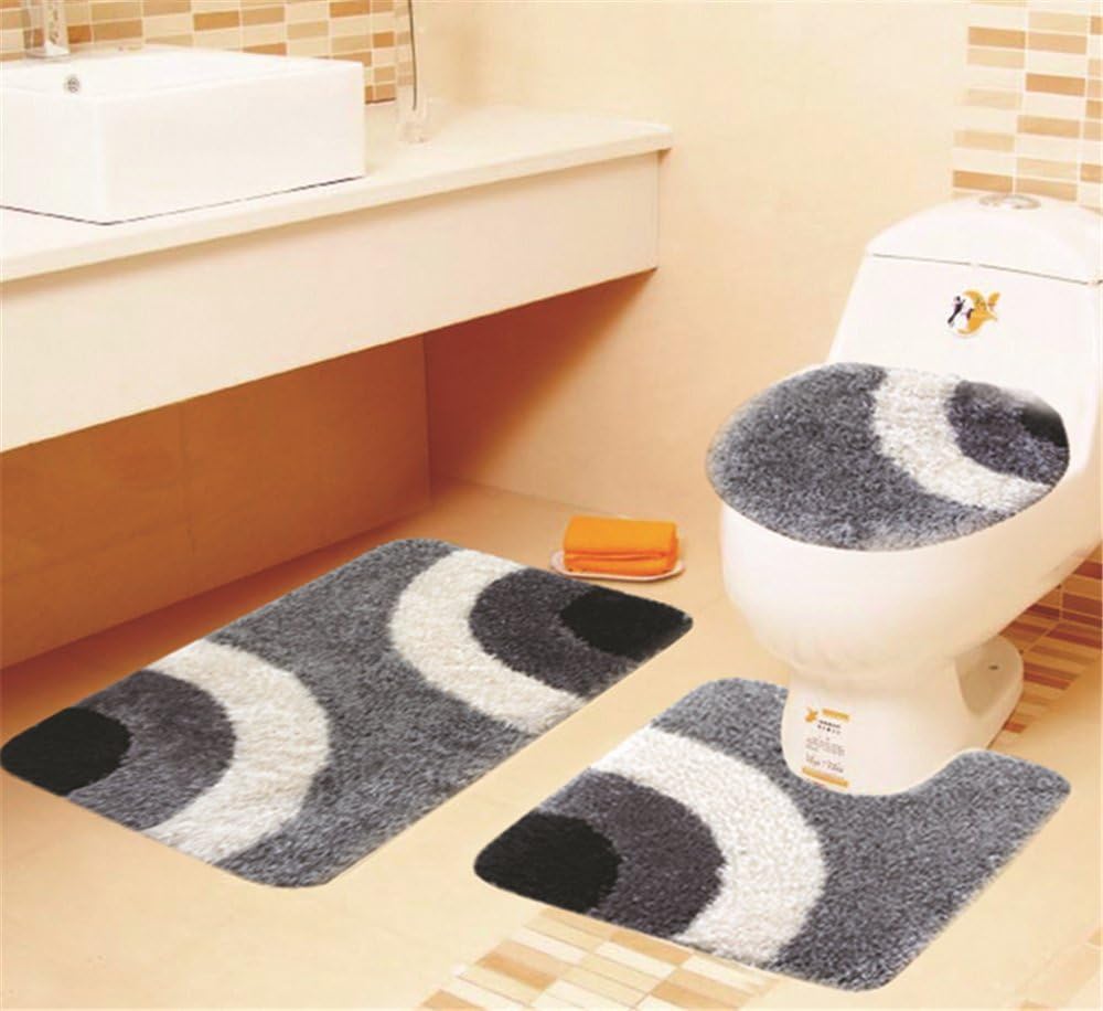 Hollwald Sweet Home Collection Microfiber Rug 3 Piece Bath Mat Set Pedestal Lid Toilet Cover Rug Bath Mat 3 Piece Bathroom Carpet Pedestal Lid Mat Toilet Cover Set Microfiber Thicken Anti-skidding (Grey)