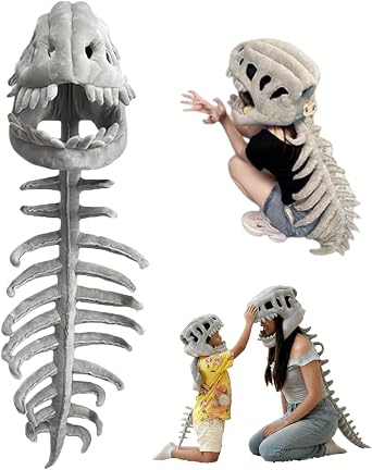 Dinosaur Skeleton Costume, 3D Spinosaurus Skull Mask with Plush Spine Tail for Halloween Cosplay and Party Dress Up